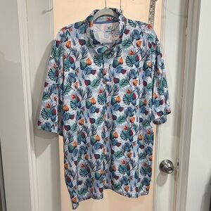 XCVI Men’s Light Blue Tropical Floral Polo with Green & Orange Accents